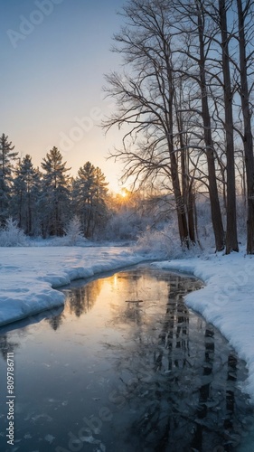 Serene sunset paints sky with warm hues, casting golden glow that reflects beautifully on partially frozen river surrounded by snow-covered grounds. Bare trees, standing tall, silent. © Tamazina