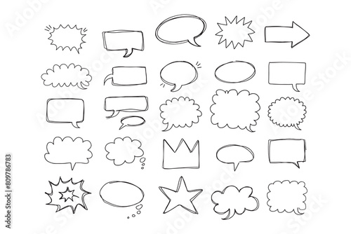  Speaking hand drawn doodle bubbles set. Talk clouds sketch frames. Speech thought Balloon shapes.