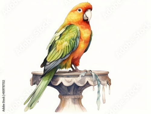 parrot perched on a colorful stand