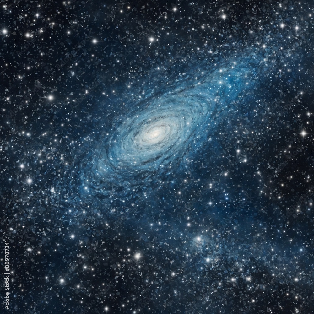 Spiral galaxy unfolds its majestic arms, surrounded by sea of stars against backdrop of infinite universe. Galaxys core radiates intense light, illuminating intricate dust lanes.