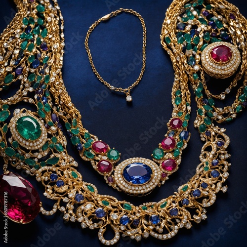 Collection of exquisite jewelry elegantly displayed against dark background. Centerpiece necklace adorned with intricate gold designs.