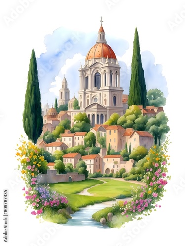 Holy See Country Landscape Watercolor Illustration Art