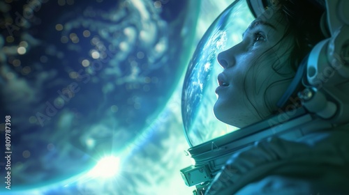 Astronaut gazing at Earth from a spacecraft with awe  surrounded by a galaxy backdrop  conveying exploration and wonder.