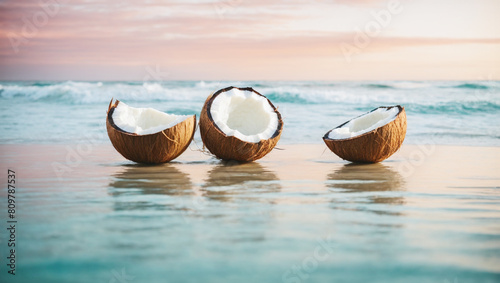 Three coconuts on the seashore. Tropical fruit. Paradise vacation concept.