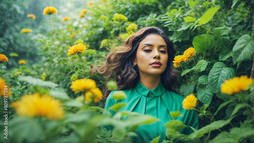 Portrait of a woman looking at the camera in the middle of a lush green garden with yellow flowers. Modeling.