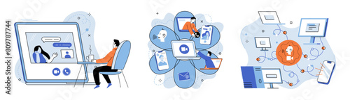 Online communication. Vector illustration. The online communication metaphorically represents digital web interconnected individuals Cooperation and collaboration are essential in online communities