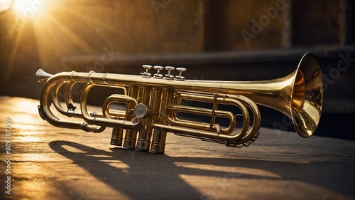 Trumpet resting on surface, bathed in golden rays of setting sun. This light creates intricate shadows that dance across scene. Brass instrument gleams under this illumination. photo