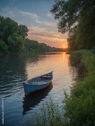 Serene sunset paints sky with warm hues, casting golden reflection on calm waters. Lone blue boat rests near lush, green riverbank. Surrounding trees stand tall, still.