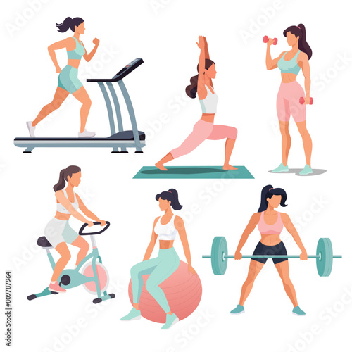 Workout girl set. Woman doing fitness exercises. 