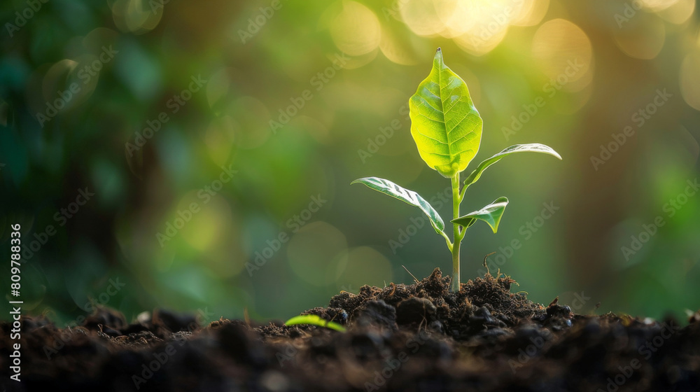 Young plant sprout grows in fertile soil with a vibrant, sunlit backdrop Young plant sprout grows in fertile soil with a vibrant, sunlit backdrop