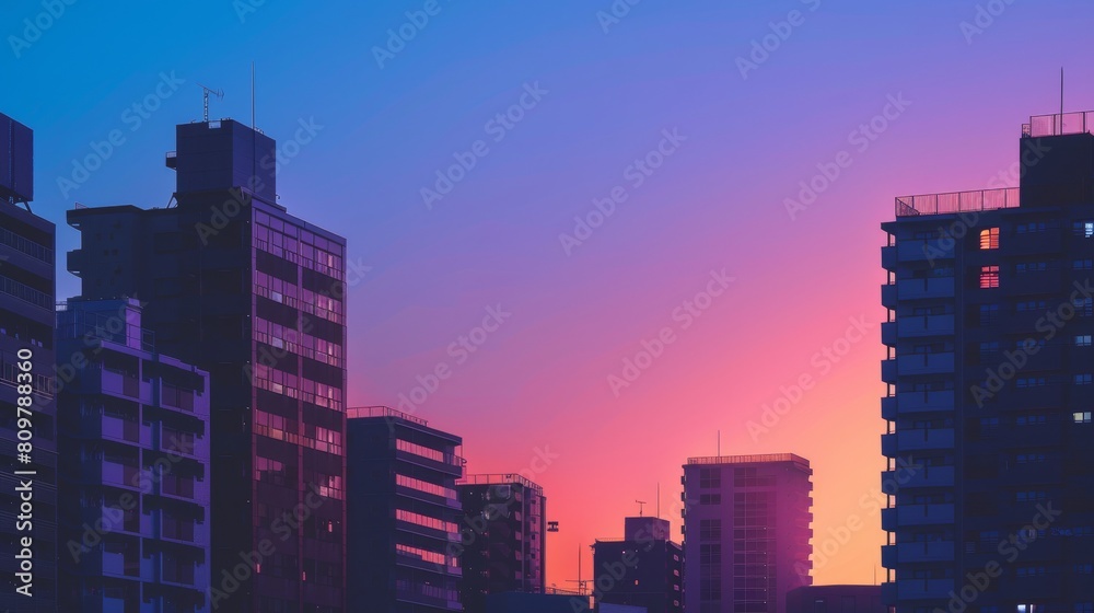 Modern buildings outlined against colorful sunset sky