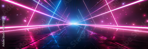 Neon lights in pink and blue colors on a black background, with a laser show. Free stage with lights, Empty stage with red and purple spotlights,. Presentation concept. empty colorful room 