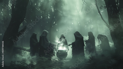 A witches' coven stirring a bubbling cauldron in a misty forest clearing