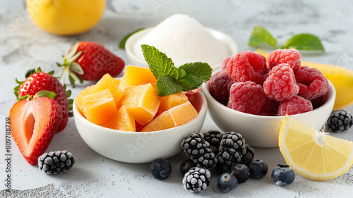 Arrange a variety of alternative sweeteners (stevia, erythritol, monk fruit) beside a bowl of fresh fruit photo