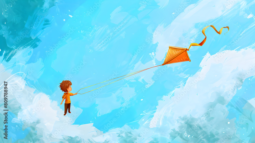 Vibrant sky, some clouds and a silouette of a kid flying a kite, includes copy space for your text