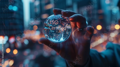 "Crystal ball displaying 'ISO Certified' text with blurred city lights in the background, symbolizing quality and standards compliance."