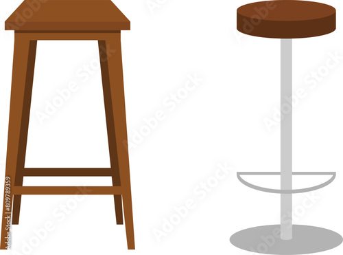 Two bar stools, wooden and metal bar stool isolated on white background with shadow. Vector, cartoon illustration. Vector.