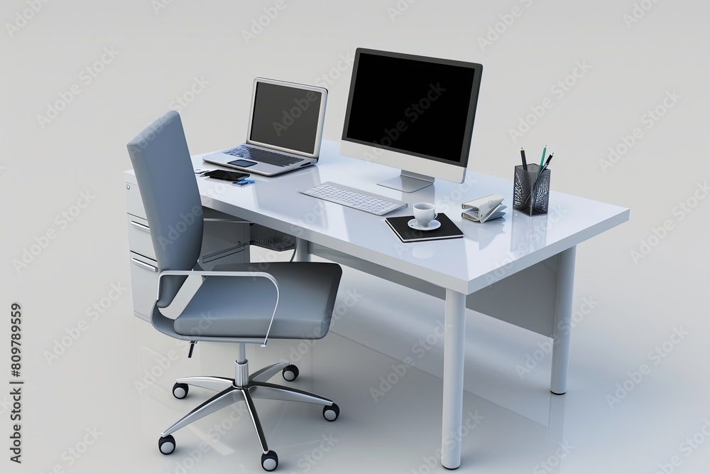 3D workspace with desk, laptop, computer, coffee cup, book, pen, and chair in blue tone. Clean and modern office environment 3D workspace with desk, laptop, computer, coffee cup, book, pen, and chair in blue tone. Clean and modern office environment