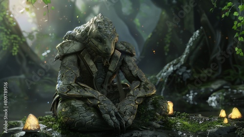 a breathtaking 3D illustration of a fantasy reptilian warrior, kneeling in a defensive posture within a mystical forest. photo