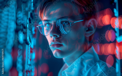  Young boy with glasses illuminated by neon lights in a technological environment