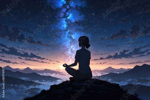 Silhouette of a girl meditating on a mountain with a beautiful starry night background.