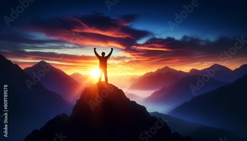 Silhouette of man celebrating at mountain peak 