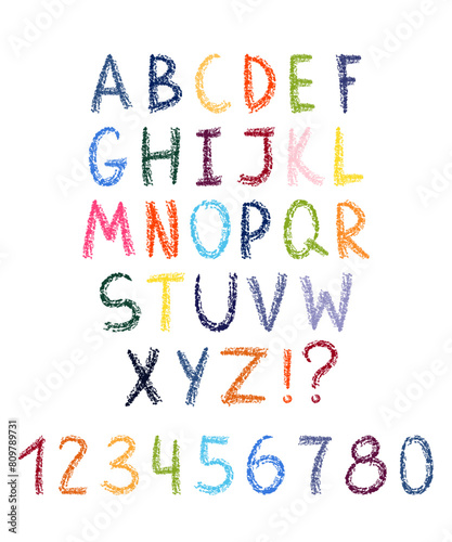 Hand drawn colored crayons alphabet and numbers. Vector illustration isolated on white.