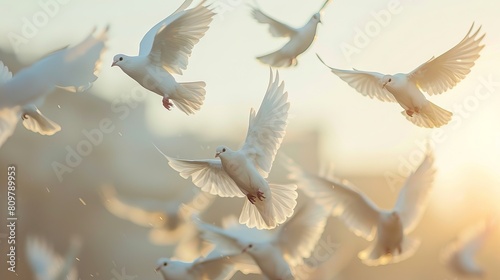 A flock of white birds flying in the sky. The birds are in various positions and heights photo