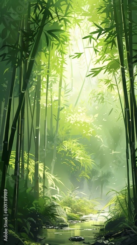 Peaceful bamboo forests swaying gently in the breeze