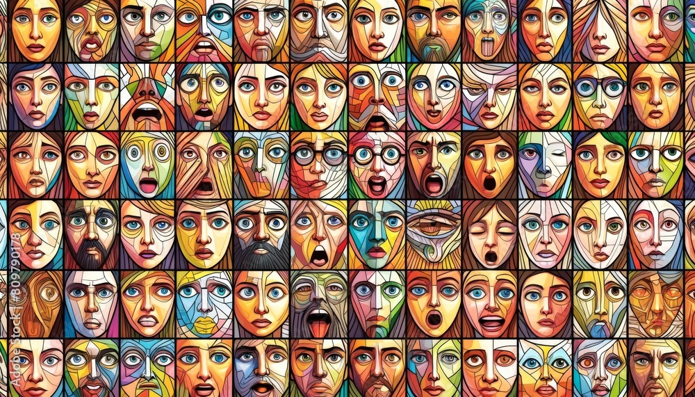 Mosaic of expressive faces in vibrant cubist style
