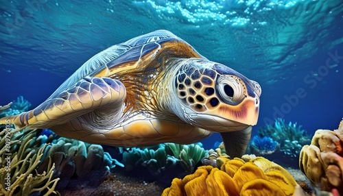 photorealistic  detailed  colorful  high-contrast  bottom tortue  mer  sous-marin  oc  an  eau  r  cif  animal  reptiles  plongeant  corail  tortue marine  nage  marin  aqualung  vert  poisson  tortue v