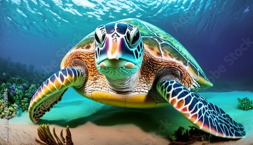 photorealistic  detailed  colorful  high-contrast  bottom tortue  mer  sous-marin  oc  an  eau  r  cif  animal  reptiles  plongeant  corail  tortue marine  nage  marin  aqualung  vert  poisson  tortue v