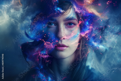 portrait of a person with a wand, Behold a stunning fantasy abstract portrait where the ethereal beauty of a woman intertwines with a mesmerizing display
