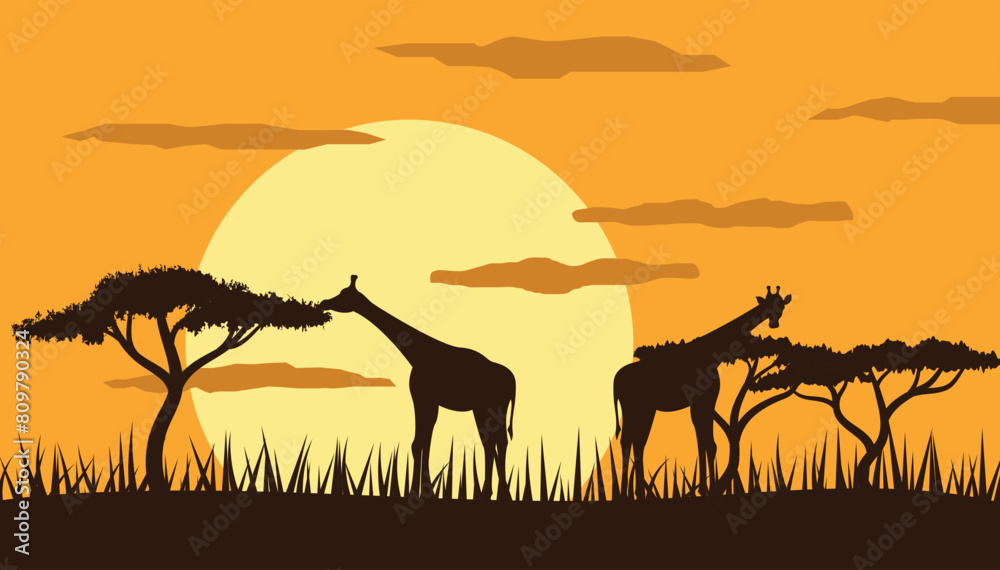 Giraffes in Savannah at Sunset Flat Style. Animals and exotic wildlife concept vector Giraffes in Savannah at Sunset Flat Style. Animals and exotic wildlife concept vector