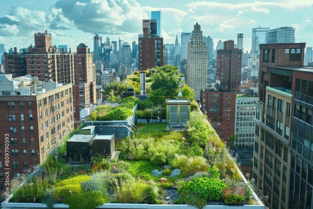 Obraz premium Lush Rooftop Oases Transforming the Urban Landscape with Sustainable Green Spaces