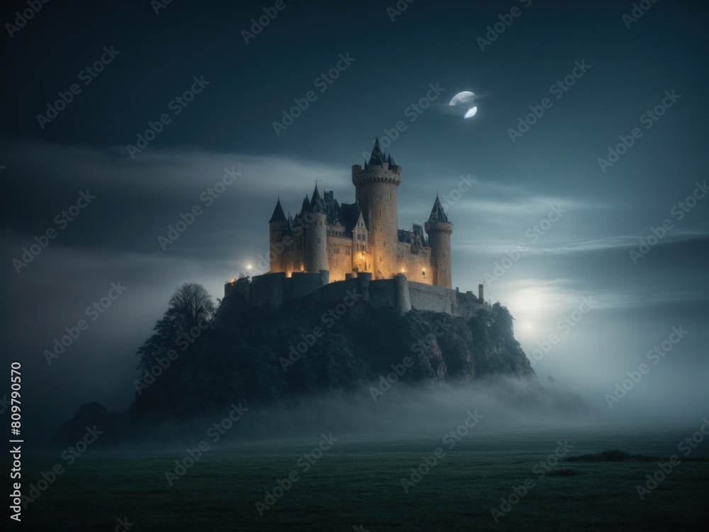 A mysterious castle shrouded in a dark fog illuminate by moon A mysterious castle shrouded in a dark fog illuminate by moon