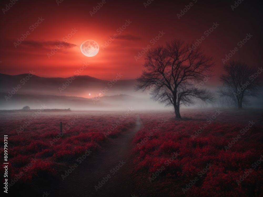 A mysterious fog shrouded landscape illuminated by a red bloody moon A mysterious fog shrouded landscape illuminated by a red bloody moon