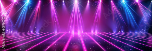 Neon lights in pink and blue colors on a black background, with a laser show. Free stage with lights, Empty stage with red and purple spotlights,. Presentation concept. empty colorful room 