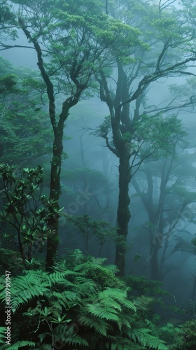Pristine temperate rainforests drenched in mist