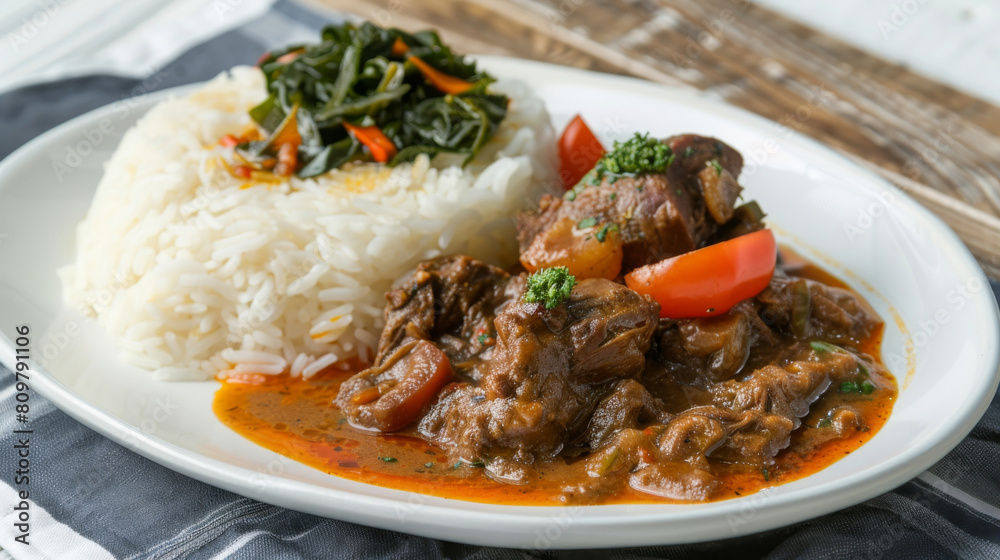 Authentic congolese goat stew served with white rice and sautéed spinach on a white plate, capturing the flavors of africa Authentic congolese goat stew served with white rice and sautéed spinach on a white plate, capturing the flavors of africa