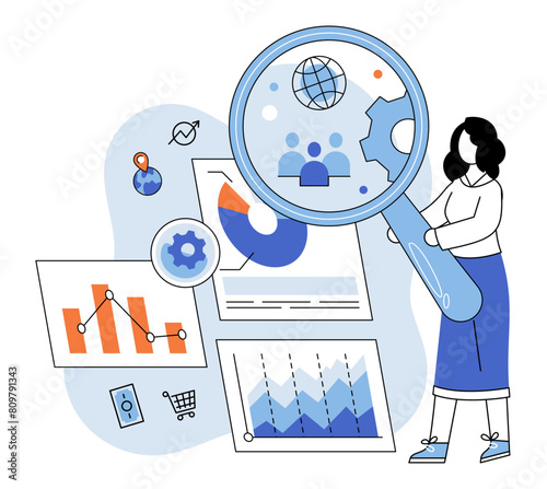 Market research. Vector illustration. Analyzing market trends helps businesses identify growth opportunities Effective promotion strategies are based on market research insights E-commerce