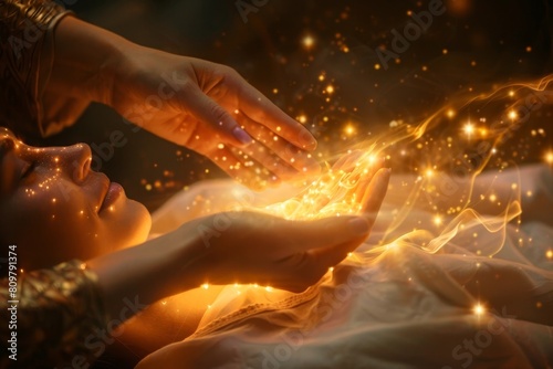 Serene Energy Healing Through Reiki Ritual with Glowing Ethereal Illumination