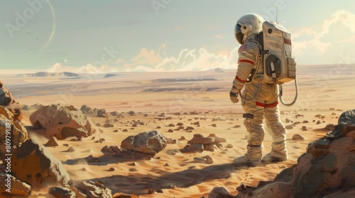 Astronaut exploring a vast martian desert landscape with rocks and distant mountains under a soft sky with two moons visible. photo