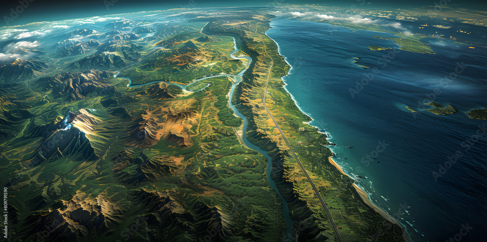 Aerial view of a lush coastal landscape with a river flowing into the sea. Geographic and environmental concept for educational and landscape design