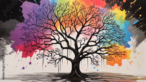 a painting of a tree with black branches