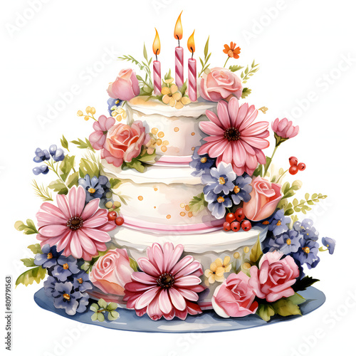 a beautiful delicious looking many flowers on birthday cake, watercolor illustration.