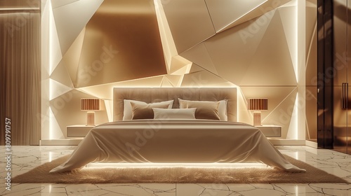 opulent modern bedroom with beige  brown  and white hues  ambient lighting  and an odd geometric wall texture