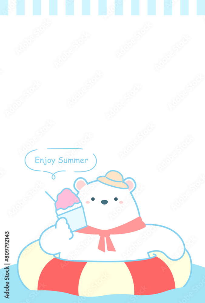 夏のカードデザイン、シロクマとかき氷の暑中見舞いのテンプレート02