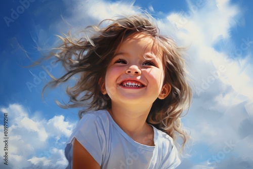 Glowing Smile little girl sky sunset smiling. Kid outside young family female joy. Generate Ai photo
