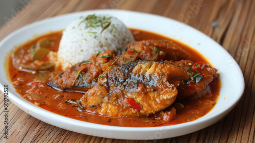 Savory congolese fish stew with white rice and herb garnish displayed on a rustic wooden table setting